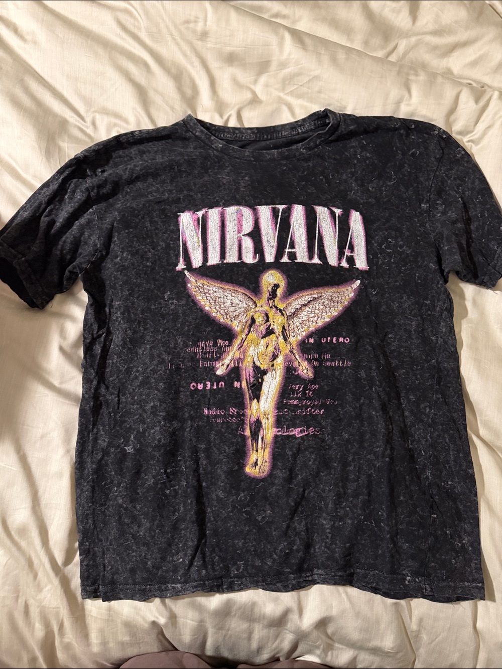 NIRVANA Black Short Sleeve Tee with Pink & Gold Angel Graphic